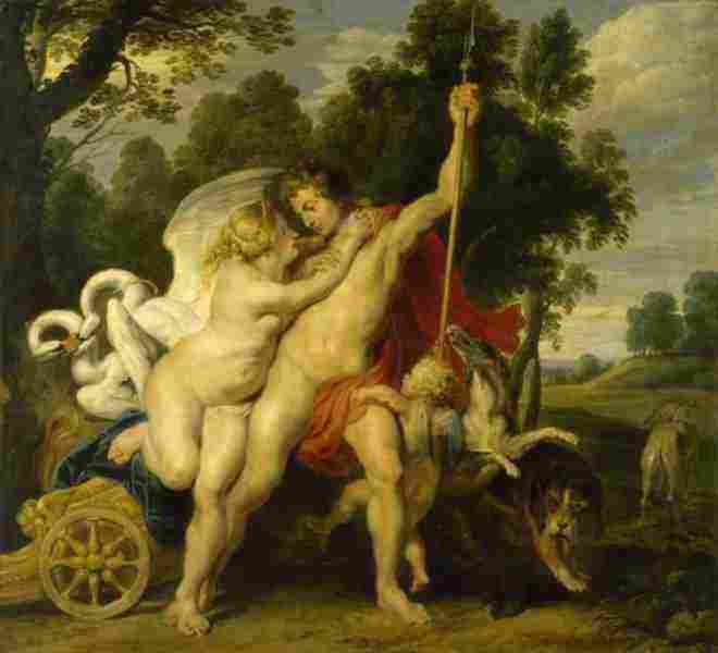 Pieter Paul Rubens (1577-1640), Αφροδίτη και Άδωνις, 1610-1611, λάδι σε ξύλο. Ο κορυφαίος ζωγράφος του φλαμανδικού μπαρόκ υπηρέτησε στις μεγαλύτερες αυλές της Ευρώπης του 17ου αιώνα φιλοτεχνώντας με εξαιρετική παραγωγικότητα πίνακες κάθε είδους και δημιουργώντας ένα από τα μεγαλύτερα εργαστήρια ζωγραφικής στο οποίο απασχολούνταν πλήθος ζωγράφων. Στον πίνακα μόνο οι μορφές αποδίδονται στο χέρι του Ρούμπενς και η λοιπή σύνθεση προέρχεται από τους ζωγράφους του εργαστηρίου